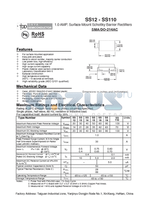 SS12 datasheet - 1.0 AMP. Surface Mount Schotty Barrier Rectifiers