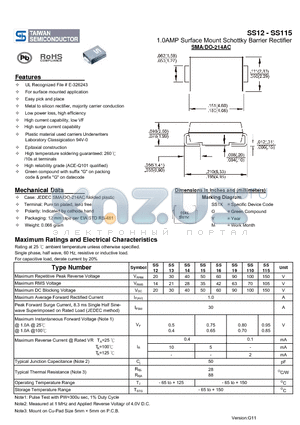 SS12 datasheet - 1.0AMP Surface Mount Schottky Barrier Rectifier