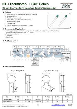 TTC05202L datasheet - 5 mm Disc Type for Temperature Sensing/Compensation