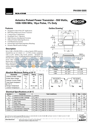 PH1090-550S datasheet - Avionics Pulsed Power Transistor - 550 Watts,1030-1090 MHz, 10us Pulse, 1% Duty