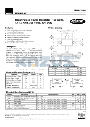PH1113-100 datasheet - Radar Pulsed Power Transistor - 100 Watts, 1.1-1.3 GHz, 3ms Pulse, 30% Duty