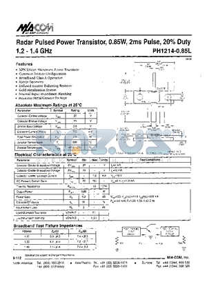 PH1214-0.85L datasheet - Radar Pulsed Power Transistor, 0.85W, 2ms Pulse, 20% Duty 1.2 - 1.4 GHz