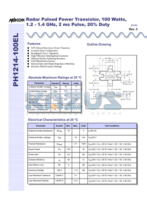 PH1214-100EL datasheet - Radar Pulsed Power Transistor, 100 Watts, 1.2 - 1.4 GHz, 2 ms Pulse, 20% Duty