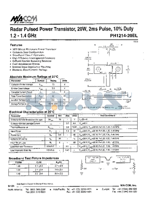 PH1214-20EL datasheet - Radar Pulsed Power Transistor, 20W, 2ms Pulse, 10% Duty 1.2 - 1.4 GHz