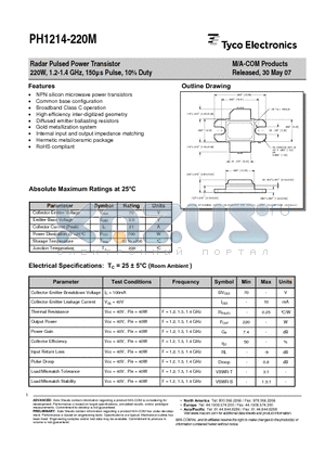 PH1214-220M datasheet - Radar Pulsed Power Transistor 220W, 1.2-1.4 GHz, 150ls Pulse, 10% Duty
