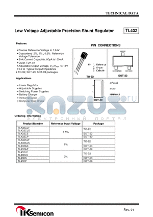 TL432 datasheet - Low Voltage Adjustable Precision Shunt Regulator