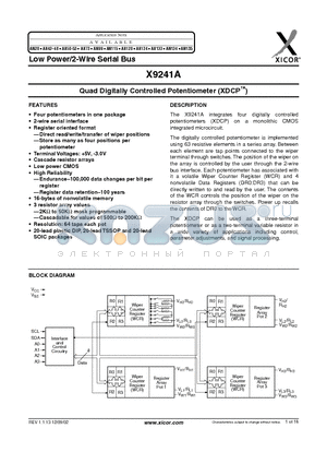 X9241AYP datasheet - Quad Digitally Controlled Potentiometer (XDCP)