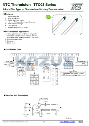 TTC3A102F39D1 datasheet - 3mm Disc Type for Temperature Sensing/Compensation