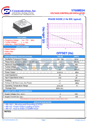 V700ME04 datasheet - LOW COST - HIGH PERFORMANCE VOLTAGE CONTROLLED OSCILLATOR