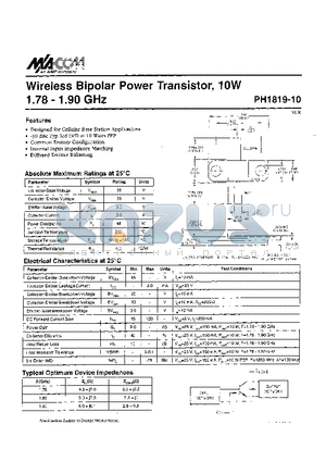 PH1819-10 datasheet - Wireless Bipolar Power Transistor, 1 OW 1.78 - 1.90 GHz