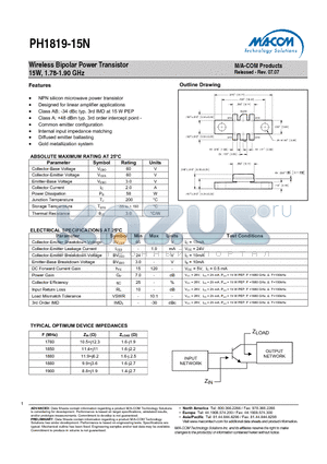 PH1819-15N datasheet - Wireless Bipolar Power Transistor 15W, 1.78-1.90 GHz