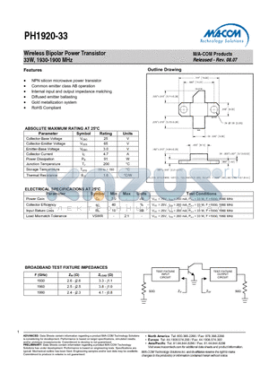 PH1920-33 datasheet - Wireless Bipolar Power Transistor 33W, 1930-1900 MHz