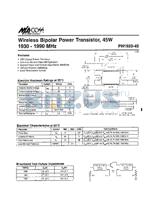 PH1920-45 datasheet - WIRELESS BIPOLAR POWER TRASISTOR 45W 1930-1990 MHZ