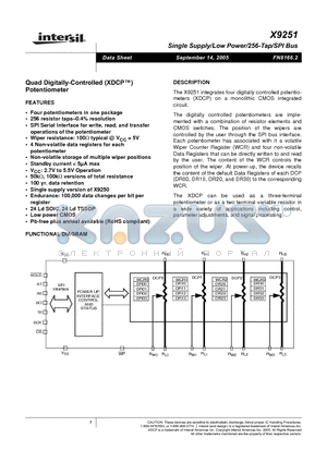 X9251TS24IZ datasheet - Single Supply/Low Power/256-Tap/SPI Bus