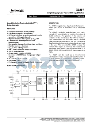 X9251TP24I datasheet - Single Supply/Low Power/256-Tap/SPI Bus