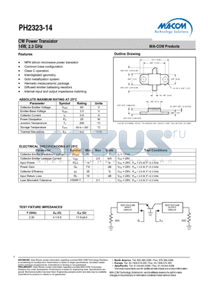 PH2323-14 datasheet - CW Power Transistor 14W, 2.3 GHz