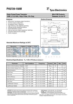 PH2729-150M_07 datasheet - Radar Pulsed Power Transistor 150W, 2.7-2.9 GHz, 100ls Pulse, 10% Duty