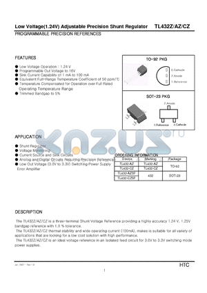 TL432AZ datasheet - Low Voltage(1.24V) Adjustable Precision Shunt Regulator