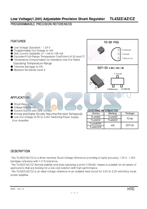 TL432AZ datasheet - Low Voltage(1.24V) Adjustable Precision Shunt Regulator