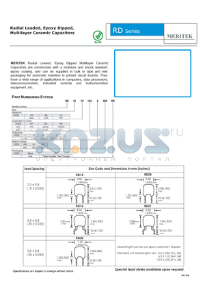 RD15XR223K101PR datasheet - Radial Leaded, Epoxy Dipped, Multilayer Ceramic Capacitors