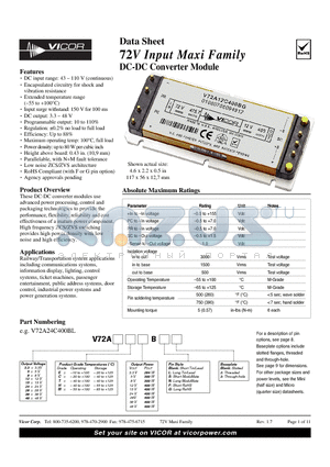 V72A12C400BL3 datasheet - 72V Input Maxi Family DC-DC Converter Module