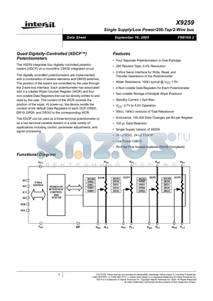 X9259 datasheet - Single Supply/Low Power/256-Tap/2-Wire bus