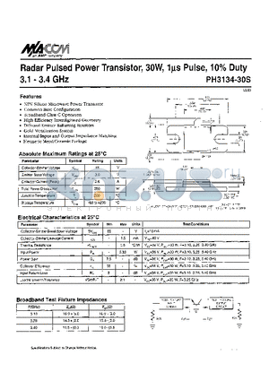 PH3134-30S datasheet - Radar Pulsed Power Transistor, 3OW, lms Pulse, 10% Duty 3.1 - 3.4 GHz