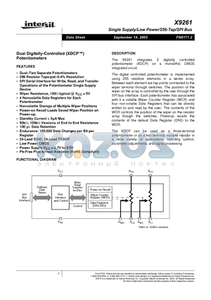X9261TS24I datasheet - Single Supply/Low Power/256-Tap/SPI Bus
