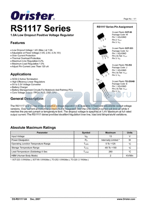 RS1117M-E datasheet - 1.0A Low Dropout Positive Voltage Regulator