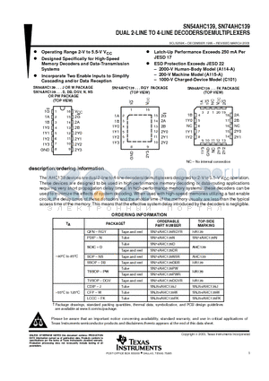 SN54AHC139 datasheet - DUAL 2-LINE TO 4-LINE DECODERS/DEMULTIPLEXERS