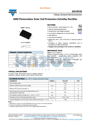 SS15P3S-M3-86A datasheet - SMD Photovoltaic Solar Cell Protection Schottky Rectifier