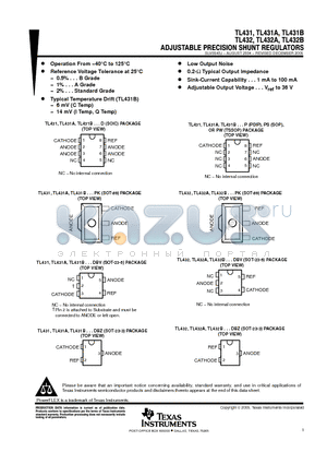 TL432BQDBZR datasheet - ADJUSTABLE PRECISION SHUNT REGULATORS