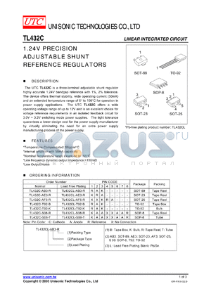 TL432C-AF5-R datasheet - 1.24V PRECISION ADJUSTABLE SHUNT REFERENCE REGULATORS