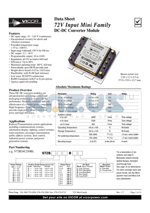 V72B12T250BF3 datasheet - 72V Input Mini Family DC-DC Converter Module