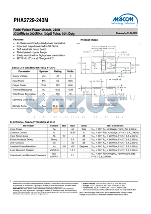 PHA2729-240M datasheet - Radar Pulsed Power Module, 240W 2700MHz to 2900MHz, 100lS Pulse, 10% Duty