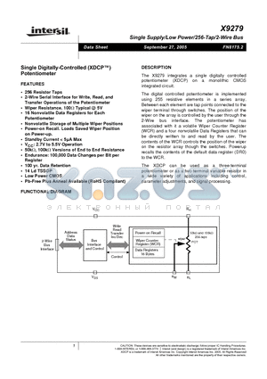 X9279TV14I datasheet - Single Supply/Low Power/256-Tap/2-Wire Bus
