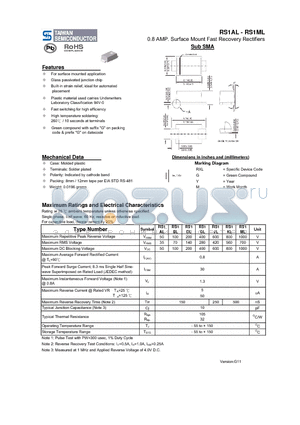 RS1GL datasheet - 0.8 AMP. Surface Mount Fast Recovery Rectifiers