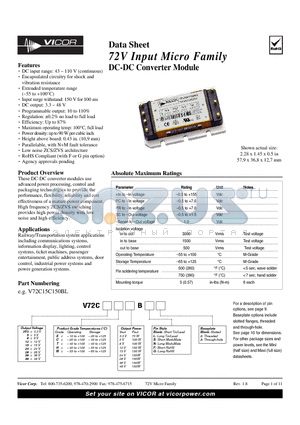V72C12C150BF datasheet - 72V Input Micro Family DC-DC Converter Module