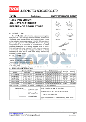 TL432L-AF5-R datasheet - 1.25V PRECISION ADJUSTABLE SHUNT REFERENCE REGULATORS