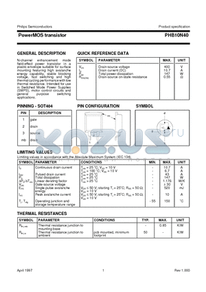 PHB10N40 datasheet - PowerMOS transistor