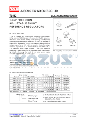 TL432L-T92-B datasheet - 1.25V PRECISION ADJUSTABLE SHUNT REFERENCE REGULATORS