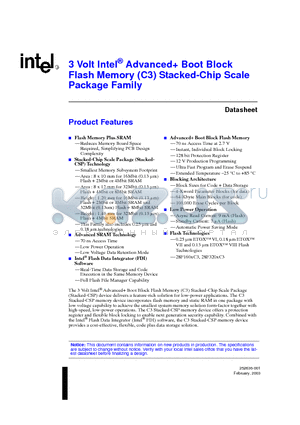 RD28F1602C3T70 datasheet - 3 VOLT INTEL AdvancedBootBlock FlashMemory(C3)Stacked-ChipScalPackageFamilye