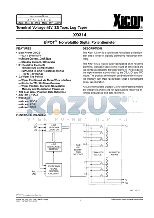 X9314WP datasheet - E2POT Nonvolatile Digital Potentiometer