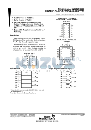 SN54ALS1002A datasheet - QUADRYPLE 2-INPUT POSITIVE-NOR BUFFERS