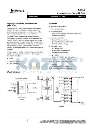 X9315 datasheet - Digitally Controlled Potentiometer (XDCP)