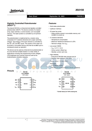 X93156WM8IZ datasheet - Digitally Controlled Potentiometer