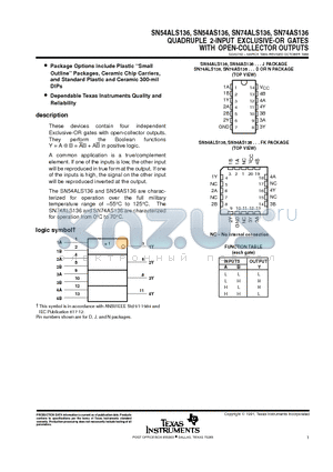 SN54ALS136FK datasheet - QUADRUPLE 2-INPUT EXCLUSIVE-OR GATES WITH OPEN-COLLECTOR OUTPUTS