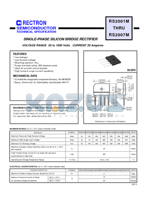 RS2002M datasheet - SINGLE-PHASE SILICON BRIDGE RECTIFIER (VOLTAGE RANGE 50 to 1000 Volts CURRENT 20 Amperes)