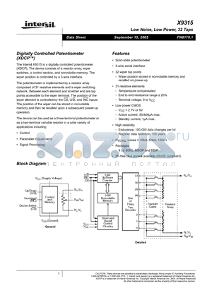 X9315UM datasheet - Low Noise, Low Power, 32 Taps