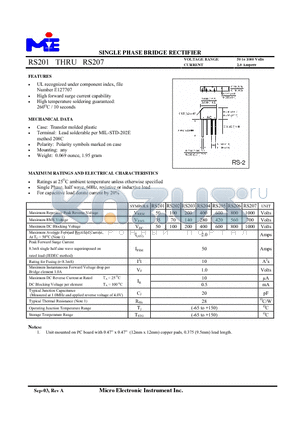 RS203 datasheet - SINGLE PHASE BRIDGE RECTIFIER